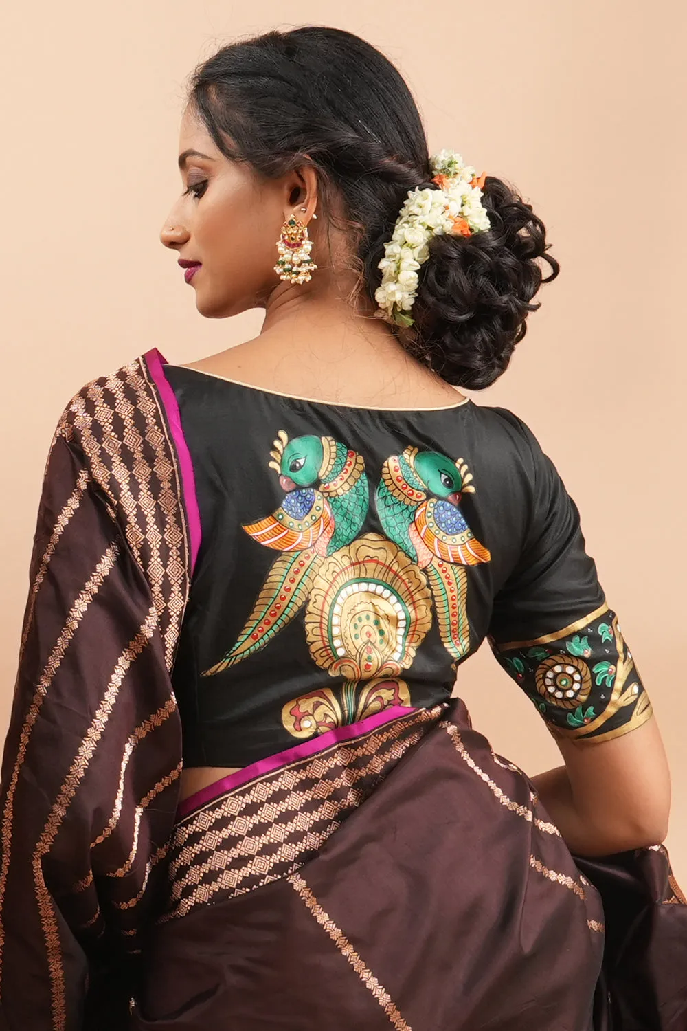 Tanjore parrots - Pure silk blouse with tanjore style handpainting