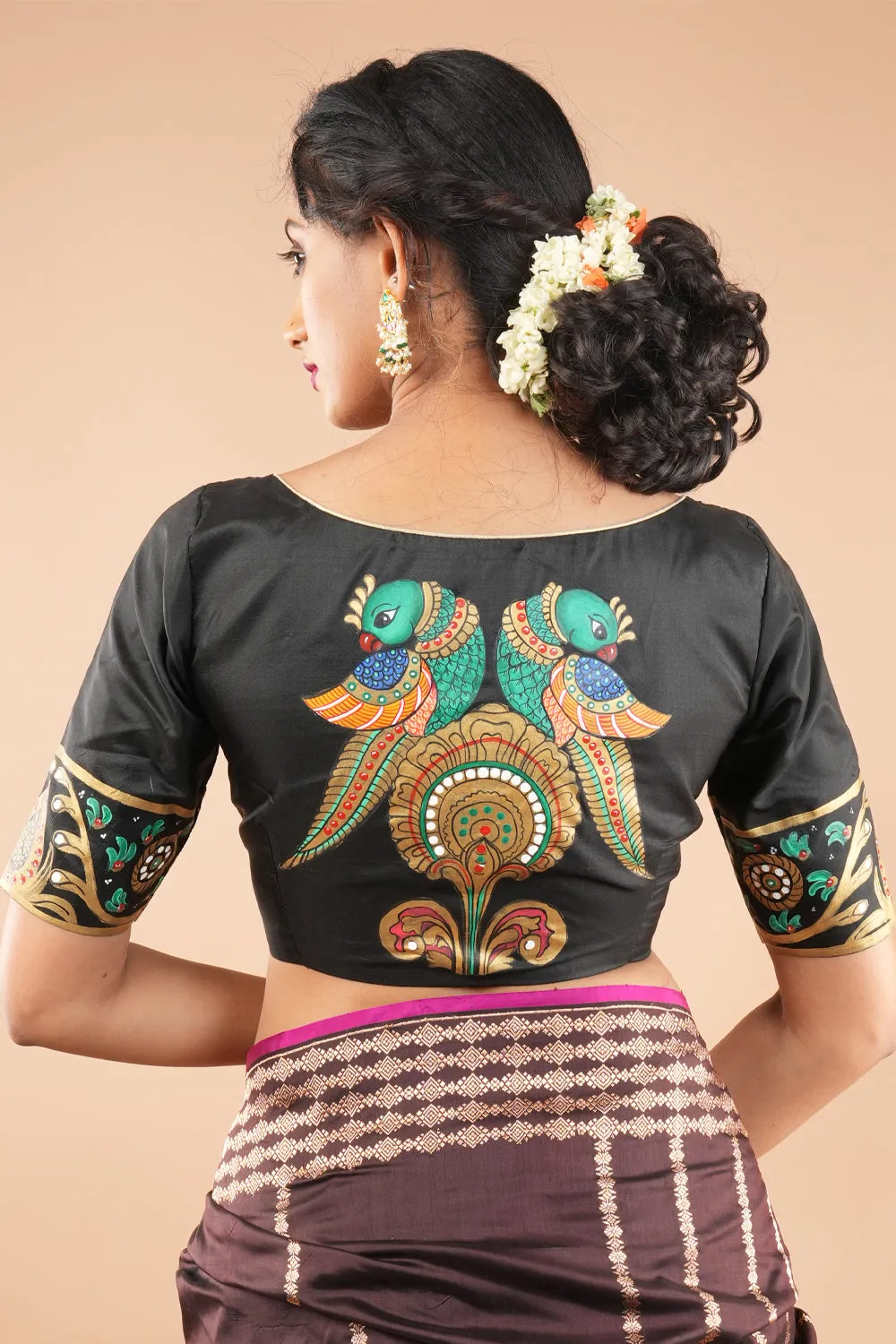 Tanjore parrots - Pure silk blouse with tanjore style handpainting