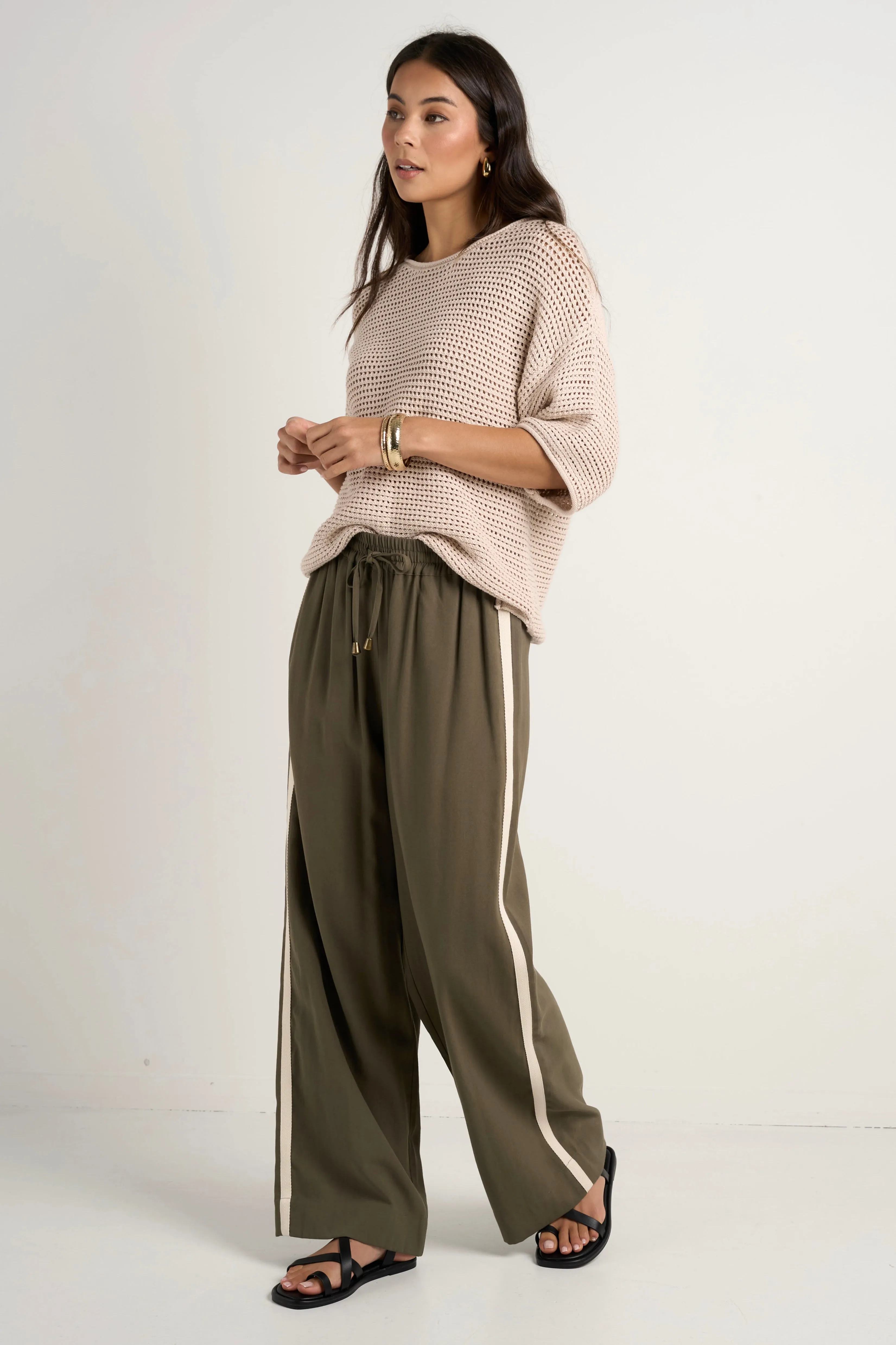 Townie Olive Stripe Side Tape Wide Leg Pants