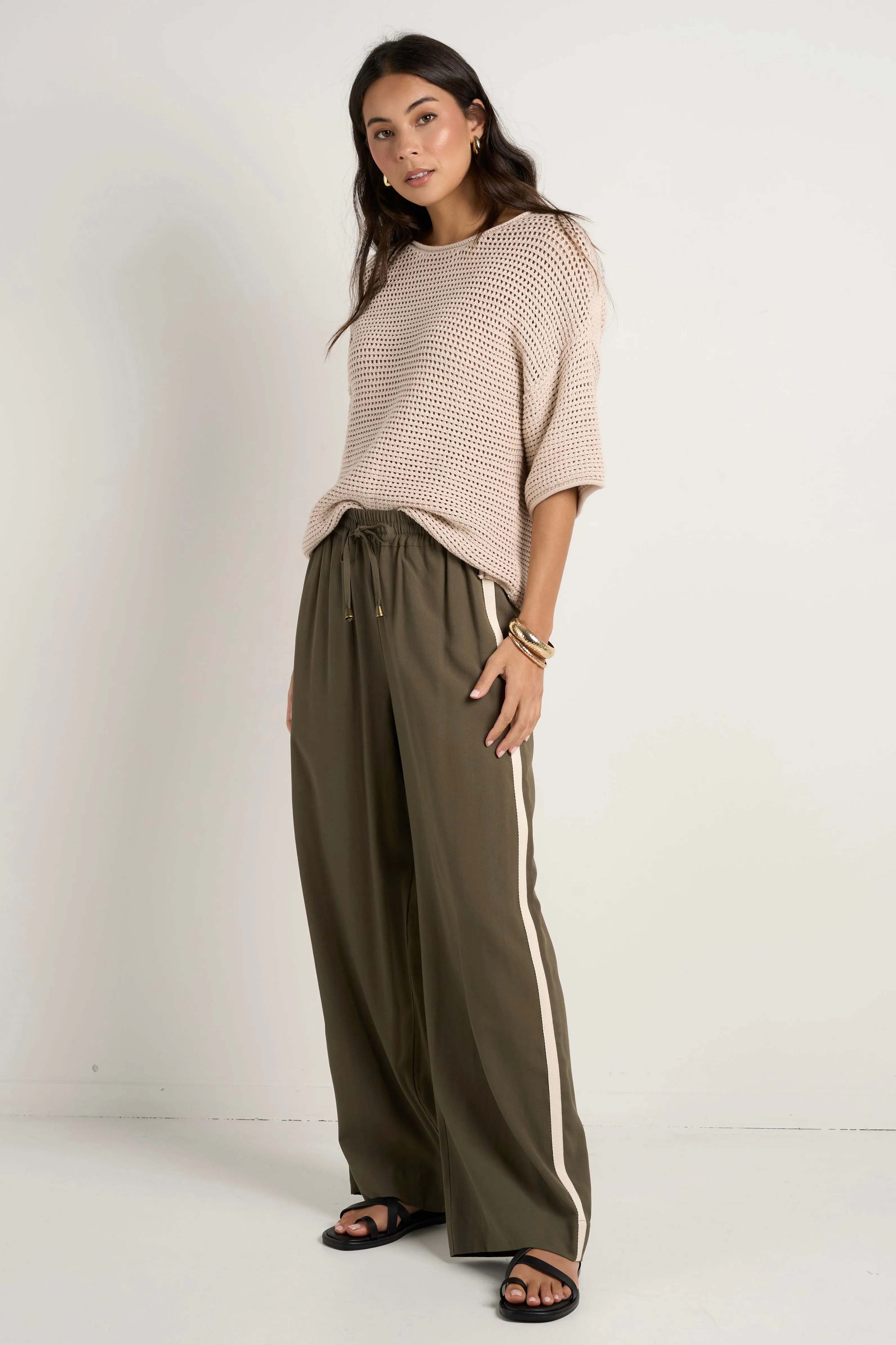Townie Olive Stripe Side Tape Wide Leg Pants