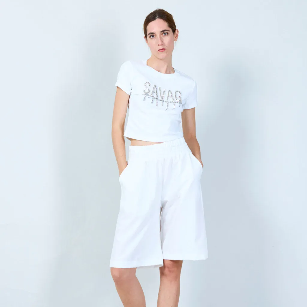 Trendy cropped t-shirt with embellished text wholesale
