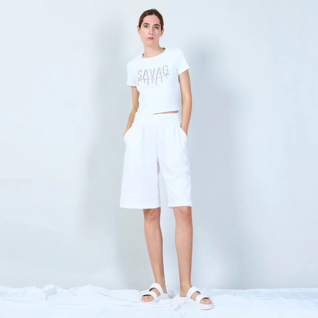 Trendy cropped t-shirt with embellished text wholesale