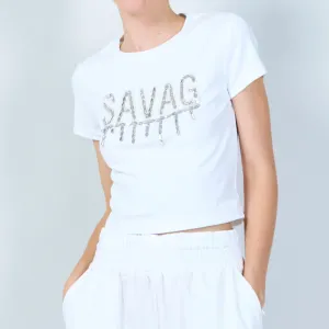 Trendy cropped t-shirt with embellished text wholesale