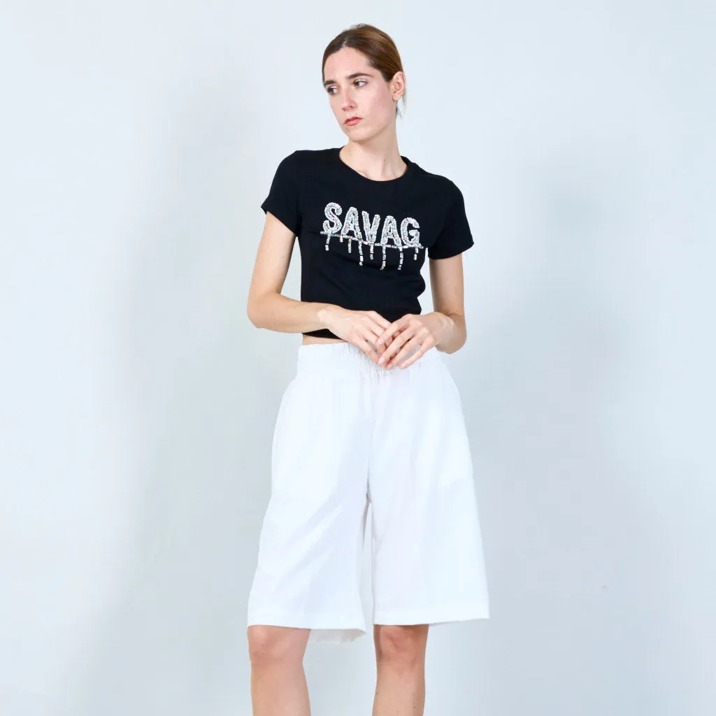 Trendy cropped t-shirt with embellished text wholesale