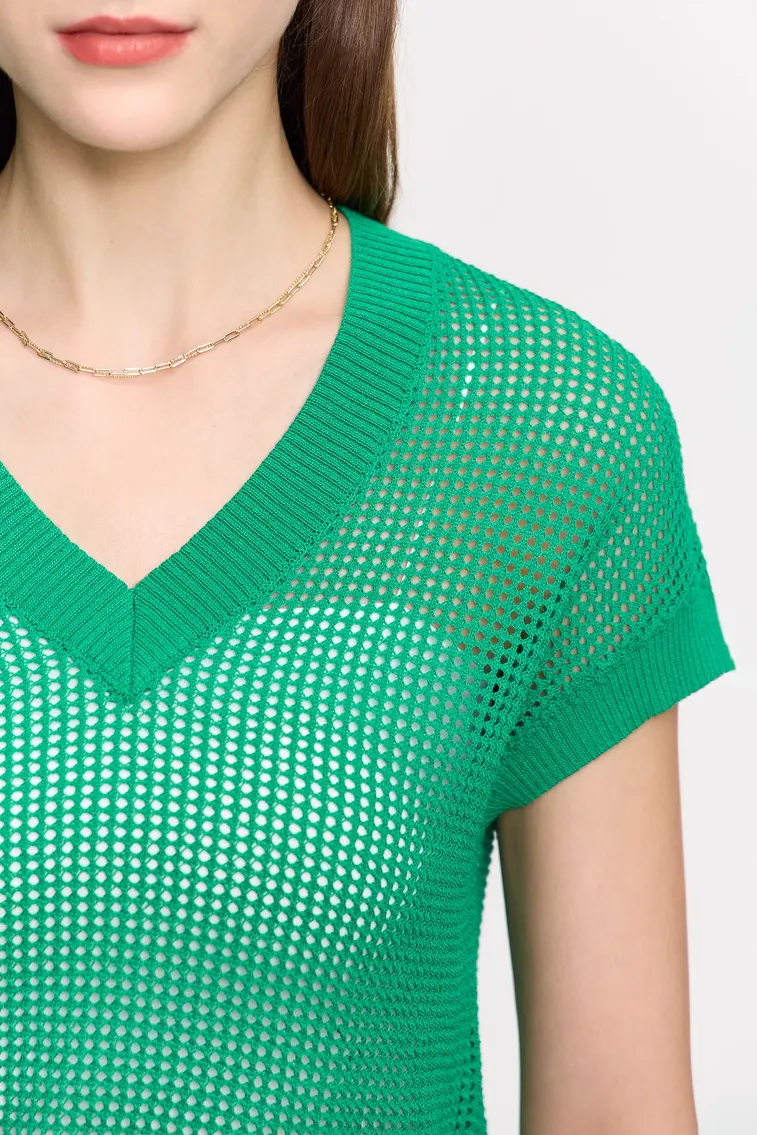 V Neck Short Sleeve Crochet Top