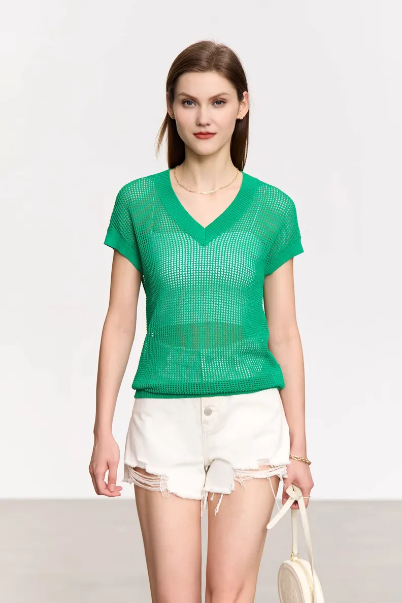 V Neck Short Sleeve Crochet Top
