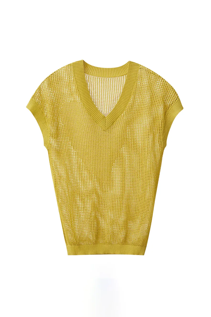 V Neck Short Sleeve Crochet Top