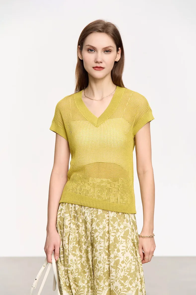 V Neck Short Sleeve Crochet Top