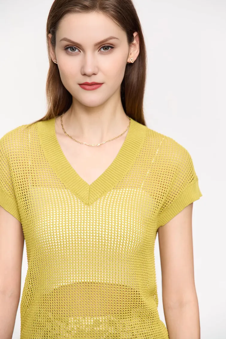 V Neck Short Sleeve Crochet Top