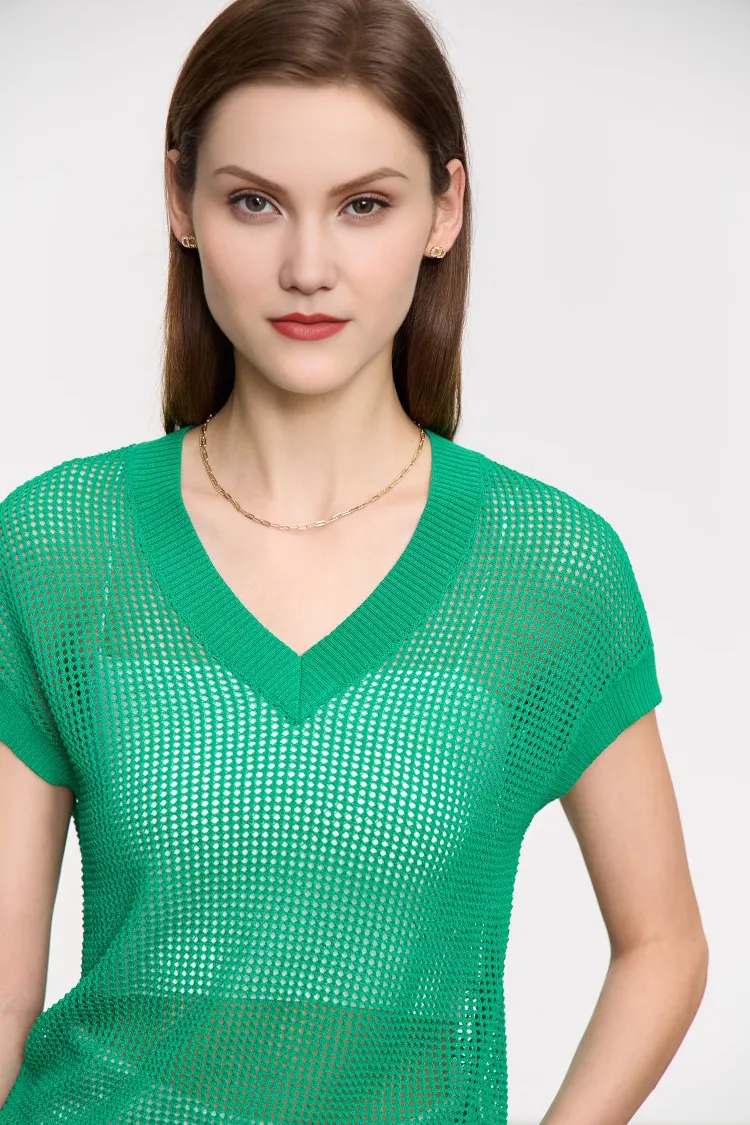 V Neck Short Sleeve Crochet Top
