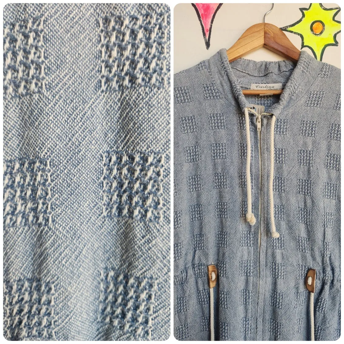 Vintage 90s | Blue Denim Oversized Boho Jacket with Drawstring Waist | Small