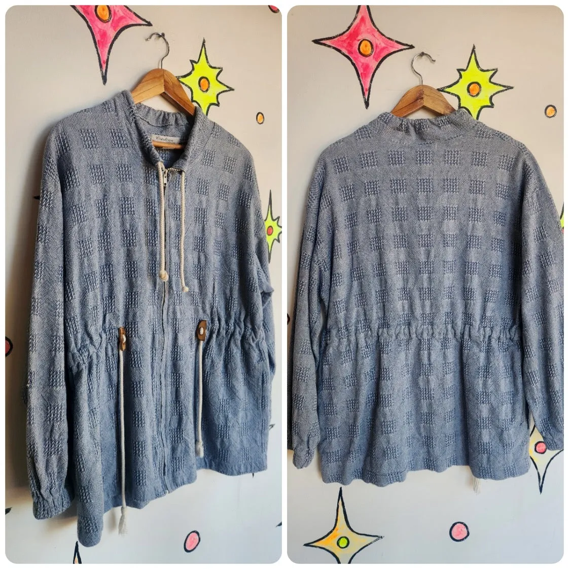 Vintage 90s | Blue Denim Oversized Boho Jacket with Drawstring Waist | Small