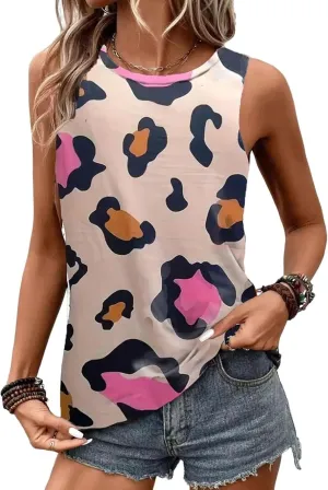 VKEGNIO Leopard Print Tank Top for Women Summer Sleeveless Tops Casual Cute Graphic Tanks Loose Fit Vintage Vacation Shirt