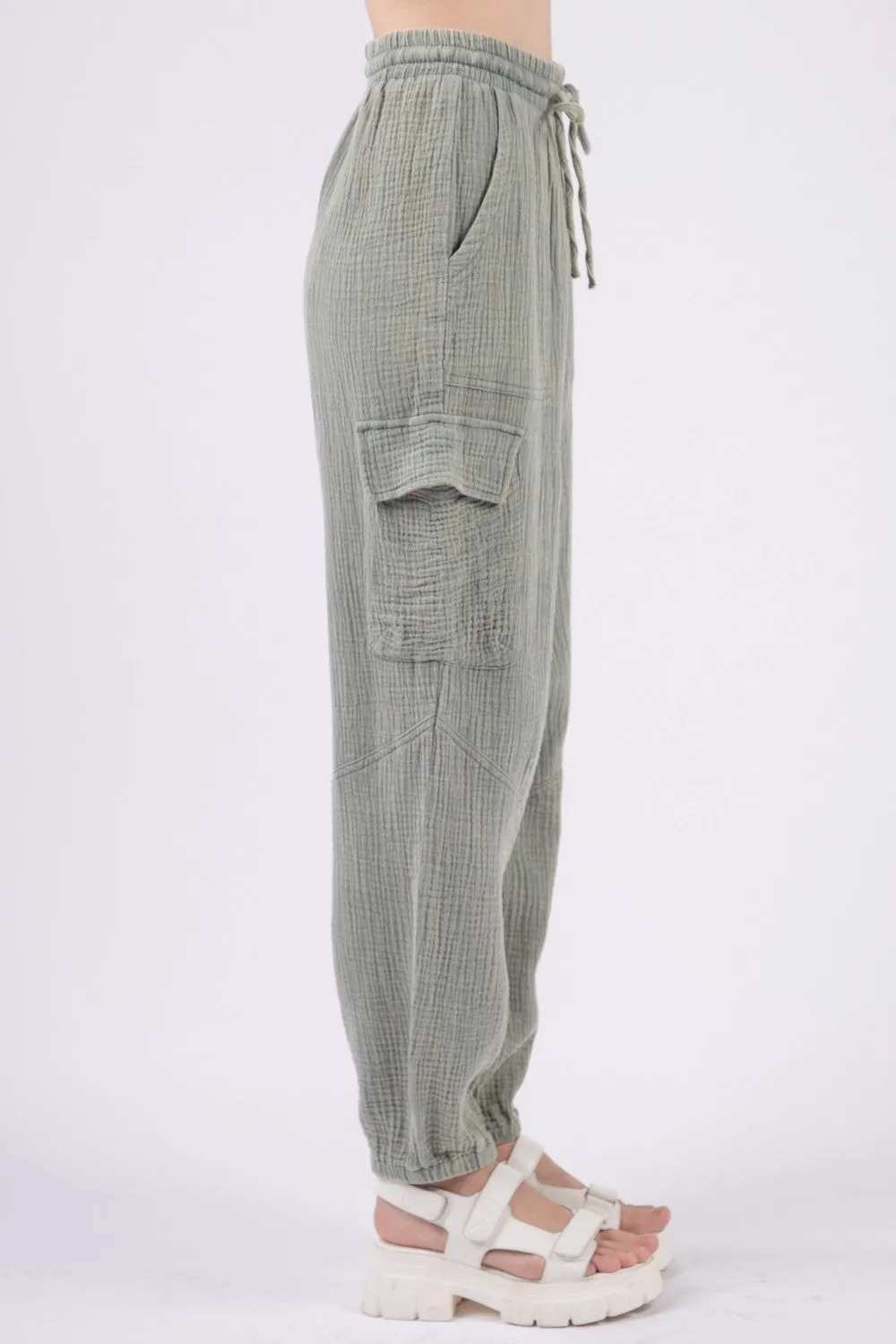 Washed Woven Crinkle Gauze Drawstring Pants