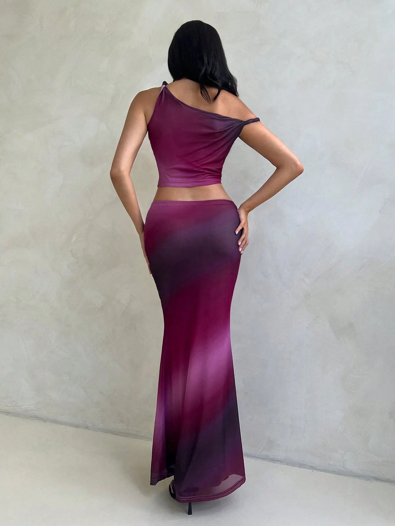 Women's 2Pcs Set Marble & Aurora Print Tie Dye Tie Dye Mesh Stretchy Asymmetric Twist Shoulder Top & Super Low Waist Bodycon Pencil Skirt