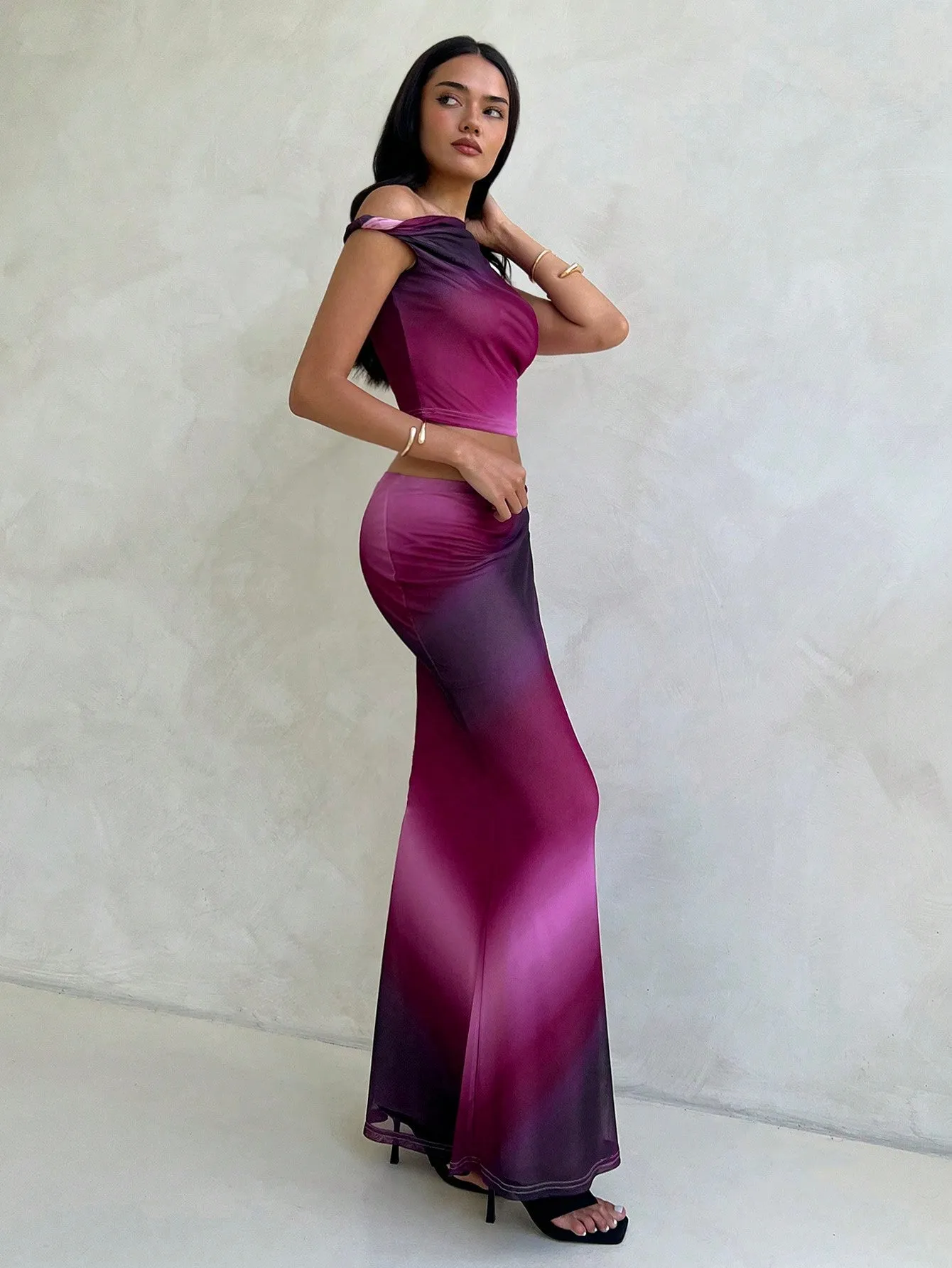Women's 2Pcs Set Marble & Aurora Print Tie Dye Tie Dye Mesh Stretchy Asymmetric Twist Shoulder Top & Super Low Waist Bodycon Pencil Skirt