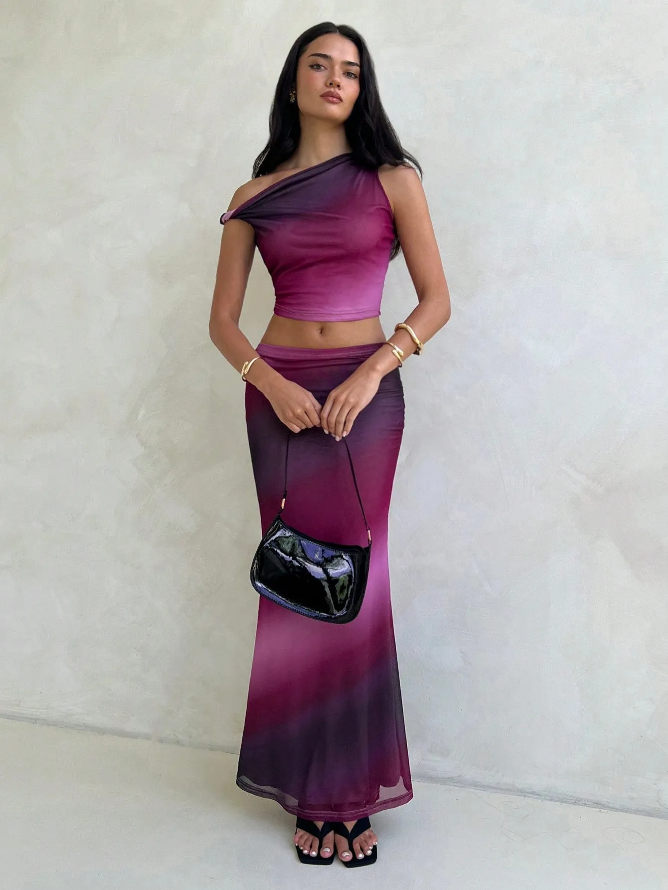 Women's 2Pcs Set Marble & Aurora Print Tie Dye Tie Dye Mesh Stretchy Asymmetric Twist Shoulder Top & Super Low Waist Bodycon Pencil Skirt