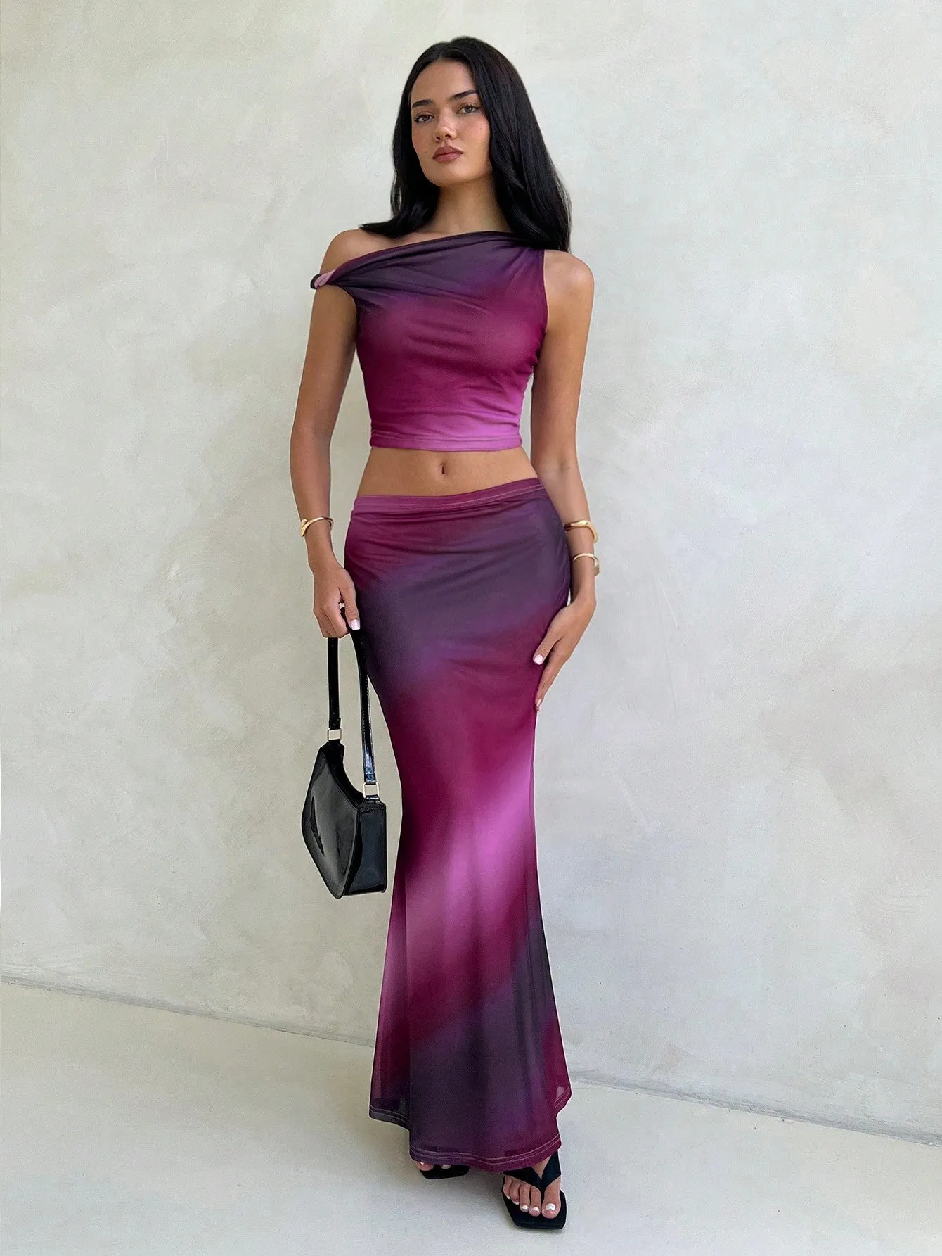 Women's 2Pcs Set Marble & Aurora Print Tie Dye Tie Dye Mesh Stretchy Asymmetric Twist Shoulder Top & Super Low Waist Bodycon Pencil Skirt
