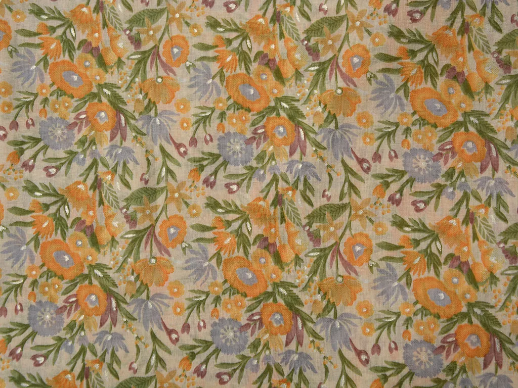 Yellow & Cream Floral Pure Mul Mul Cotton Fabric