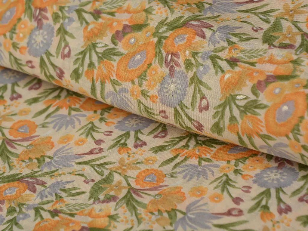 Yellow & Cream Floral Pure Mul Mul Cotton Fabric