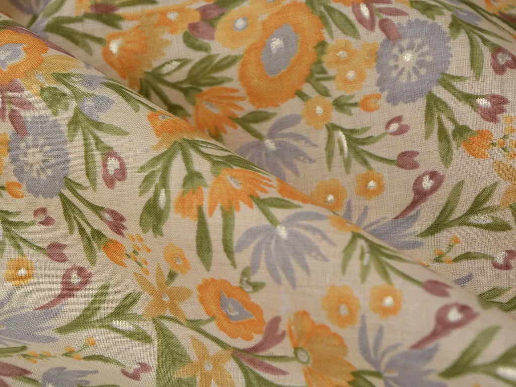 Yellow & Cream Floral Pure Mul Mul Cotton Fabric